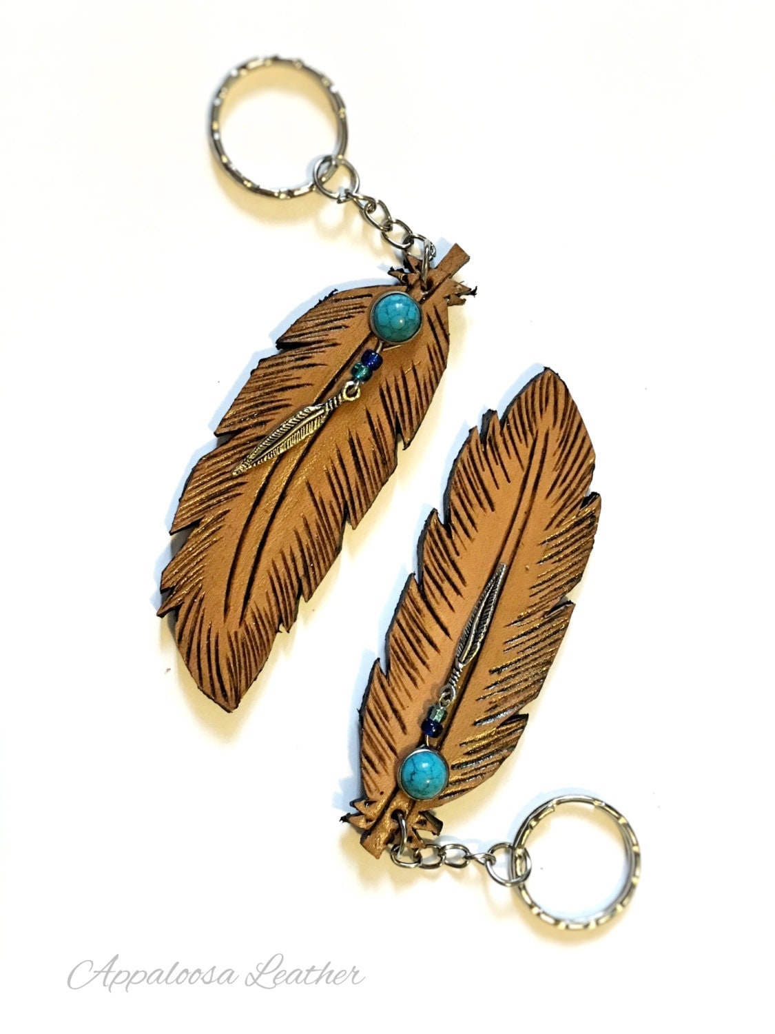 Leather Keychain Tooled Feather with Turquoise Colored