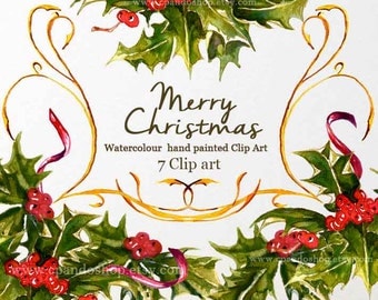 Watercolor Christmas clipart, holiday clipart, winter clipart, holly, christmas instant download, png file 300 dpi, greeting card diy, art