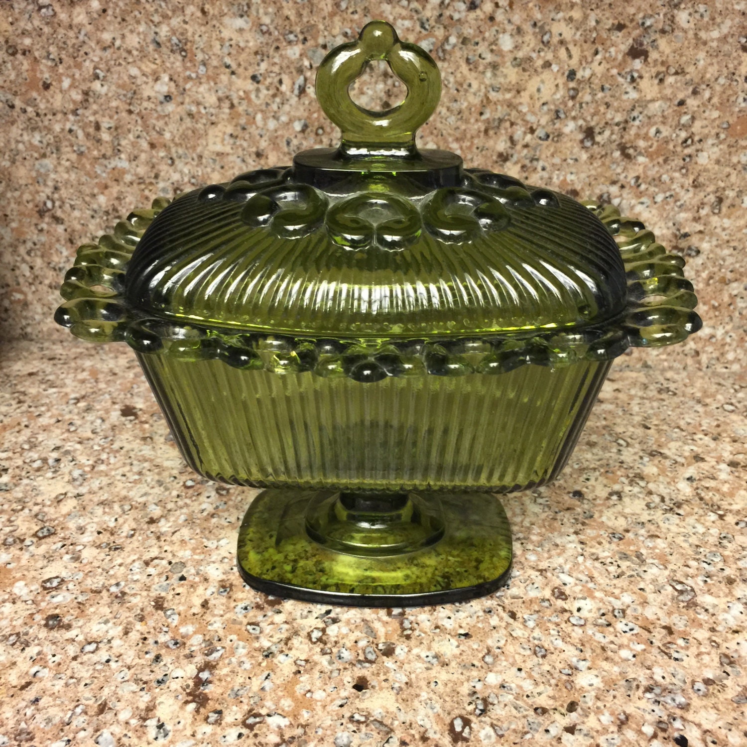 Candy Dish Covered Green Glass Pedestal MidCentury Lace