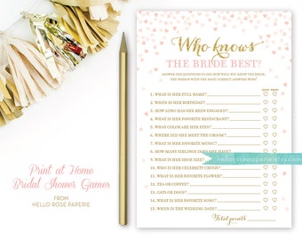 Pink and Gold Bridal Shower Games . Who Knows the Bride Best . Bridal Shower Games Printable Instant Download . Glitter Confetti Hearts