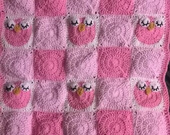 Crochet baby girl sleeping owl blanket, crochet blanket, baby girl, crochet blanket, crochet owl, crochet sleeping owl,made to order