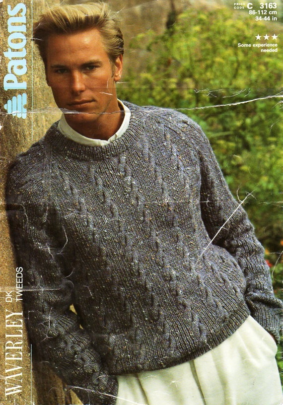 mens sweater knitting pattern PDF mens cable sweater crew neck