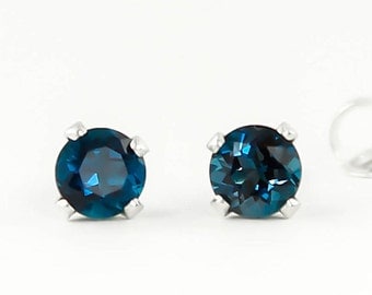 Genuine Natural London Blue Topaz Pair 4mm Stud Earrings in Sterling Silver Studs,Natural Gemstone earrings, December Birthstone, Blue studs