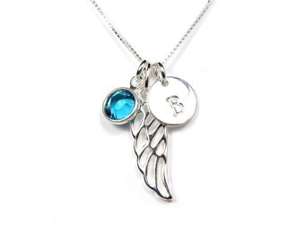 Memorial necklace, Miscarriage necklace, Guardian angel wing initial birthstone necklace, sterling silver, baby loss jewelry,