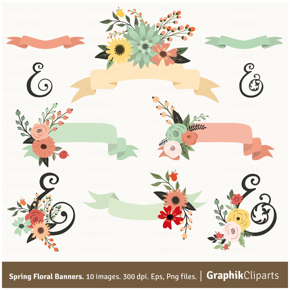 Spring Floral Banners Clip Art. Flowers, Ribbons, Vector ...