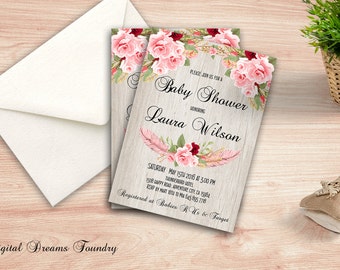 Roses Baby Shower Invite, Floral Baby Shower Invitation, Printable Boho Baby Shower Invite, Bohemian Baby Invitation, Digital Invitation