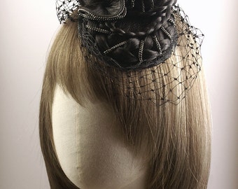 Victorian Mourning Style Fascinator with Hair Braids & Chains
