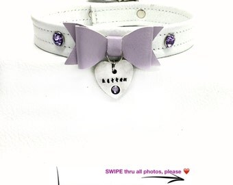 BDSM DDLG Kitten Play Collar White Leather with Lilac Bow, Swarovski Crystal Engraved Rhinestones Buckle Closure