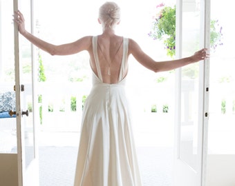 Backless Wedding Dress, 1930, 1920, Art Deco, SYMPHONY, Ivory Crepe Satin with Train