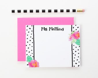 Personalized Stationery Custom Teacher Stationary Neon Pink Floral Thank You Notes Pink Peony Polka Dot Note Cards Teacher Gift Hostess Gift