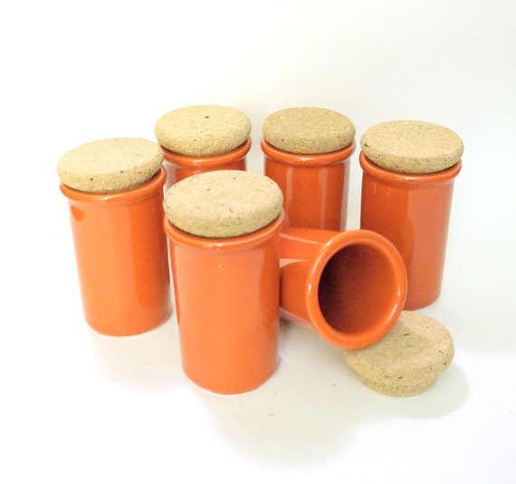 Set of 6 Red Ceramic Cork Topped Spice Jars Italy