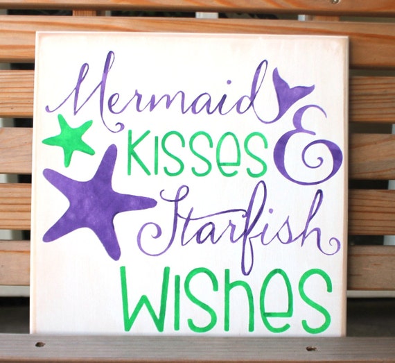 MERMAID KISSES and STARFISH Wishes - 12 x 12 - Painted Wooden Sign - Beach Decor - Mermaid Decor - Bathroom Decor - Purple and Green - Wood