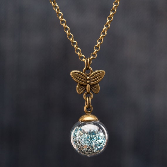 FREE SHIPPING - Blue German Glitter Glass Globe Necklace - Blue Glitter Glass Vial - Globe Vintage Necklace - Vintage Sphere