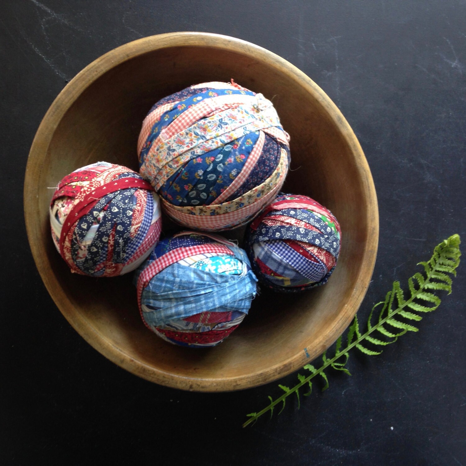 Four rustic colorful rag balls from vintage by MilkweedVintageHome