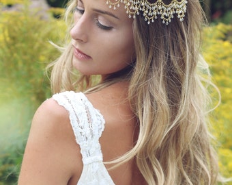Bridal headpiece, Bohemian head chain, forehead Indian headchain, boho wedding, boho headpiece, gold hair accessories, wedding jewelry