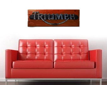 Triumph Motorcycle Vintage Style Wall Art on Solid Wood Boards - 32" x 11" Biker Art, British, UK, Emblem