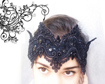 evil queen crown, black crown, black fascinator, lace crown, black wedding dress, lace headpiece, carrie bradshaw, baroque crown
