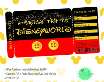 Printable Ticket to Disney (Disneyworld/Disneyland) Boarding Pass, Customizable Template, Digital File - You Fill and Print