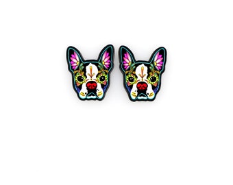 Boston Terrier Day of the Dead Sugar Skull Dog Earrings