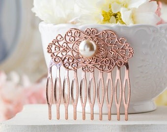 Rose Gold Hair Comb, Rose Gold Wedding Bridal Hair Comb, Winter Fall Autumn Wedding, Bridesmaid Gift, Filigree Champagne Pearl Comb