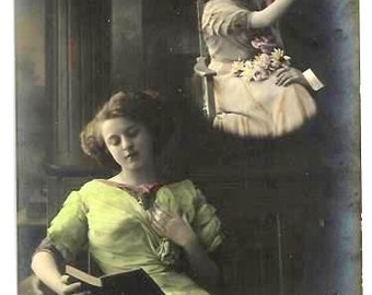 GIRL 's DREAM - She is Expecting her LOVER - 1912 French Art Nouveau colored Postcard - written- font good condition, back slight scratch