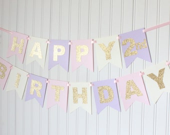 Gold, Pink, Ivory, Purple, Happy Birthday Banner/ Girl Birthday/ Princess Party/ Party Decorations/ Custom Name/ Personalized, Lavender