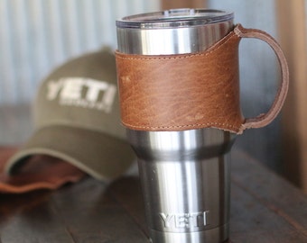 The Rocket City 30 oz Yeti Personalized Leather Drink Cooler Wrap with Handle in Tan for YETI Rambler Tumbler Tumblers - Yeti Handle