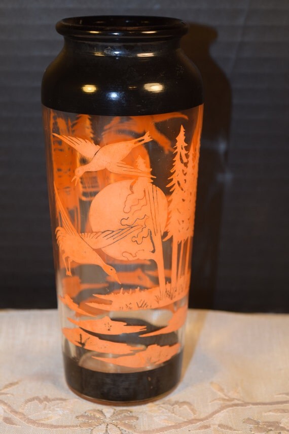 Art Deco Glass Vase Orange & Black Vintage Ducks Forest Vase