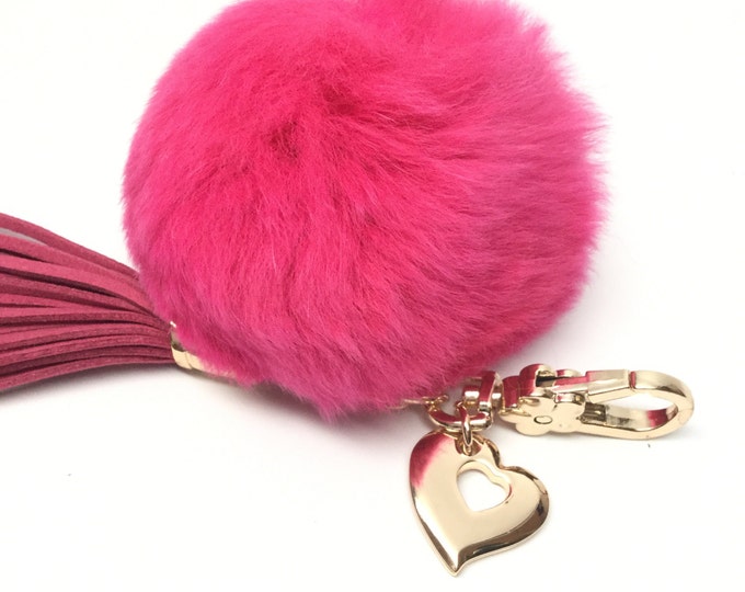 Pink 9 cm rex Rabbit fur pom pom ball keychain or bag pendant with heart charm leather tassel hot pink