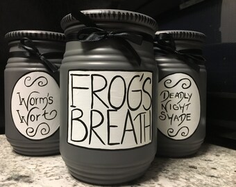 Nightmare Before Christmas Frogs Breath Deadly Nightshade Worms Wort Hand Painted Glass Jar Candles Set of 3