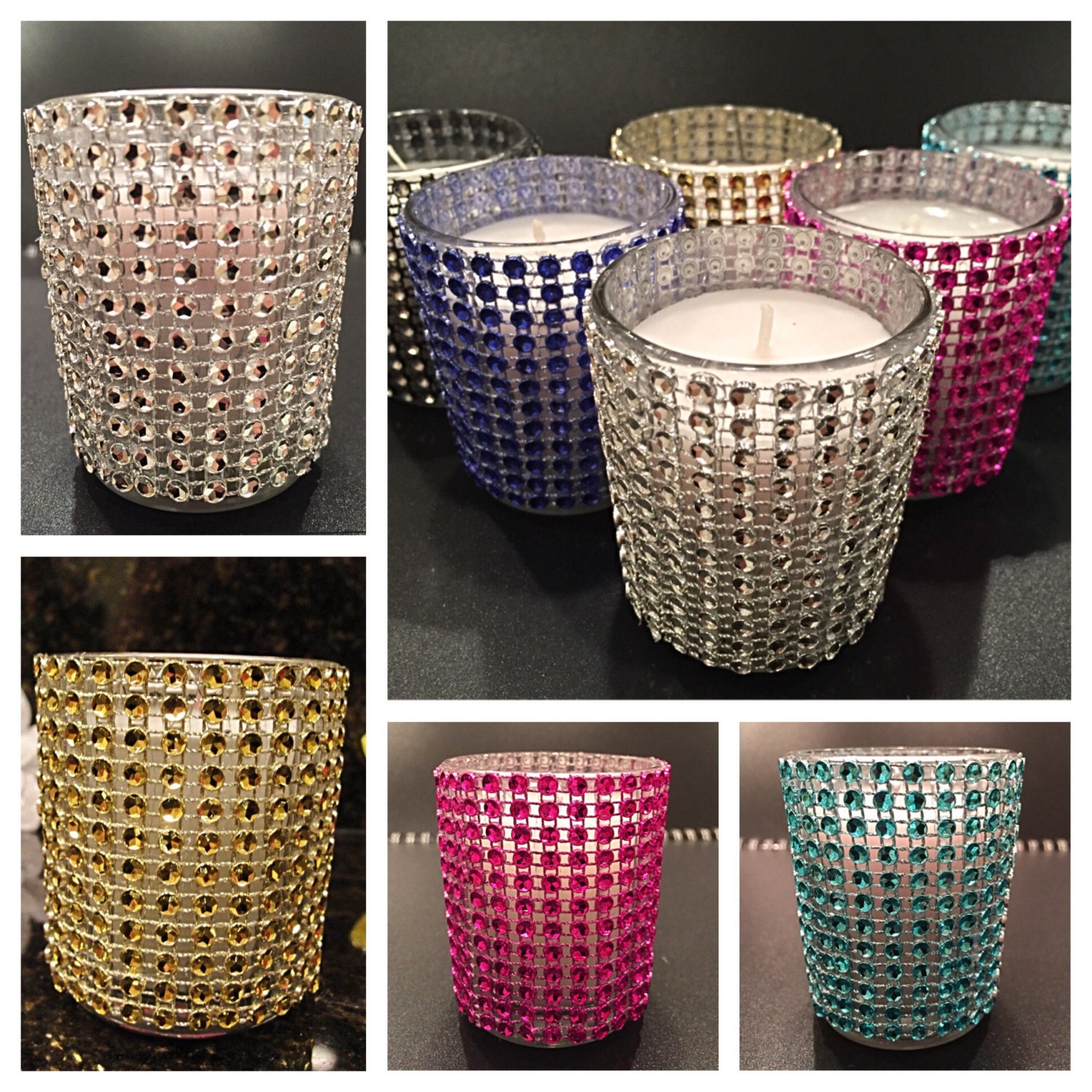 15 Votive Candles Fully Covered Vases Bling Rhinestone Candle
