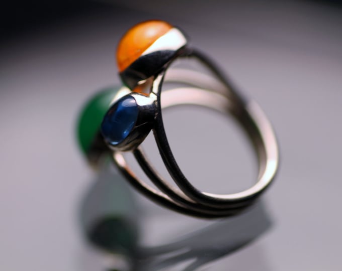 Triple ring / topaz green agate opal ring / fire opal ring / gold ring / natural stone ring / gift