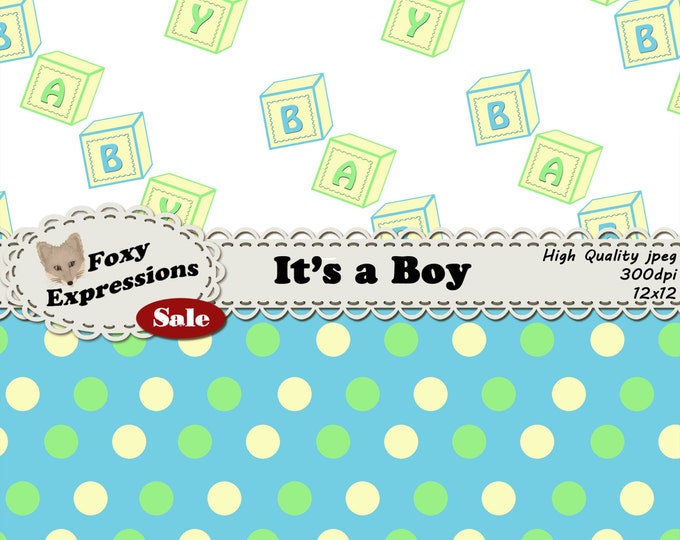 Baby Boy Digital Paper with fun baby block stripes, ratttle polka dots, chevron, etc in blue, green & yellow for personal and commercial use