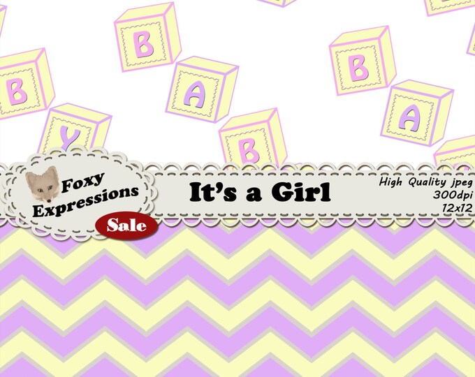 Baby Girl Digital Paper with baby blocks stripes, rattle polka dots, chevron etc in pink, purple and yellow for personal and commercial use