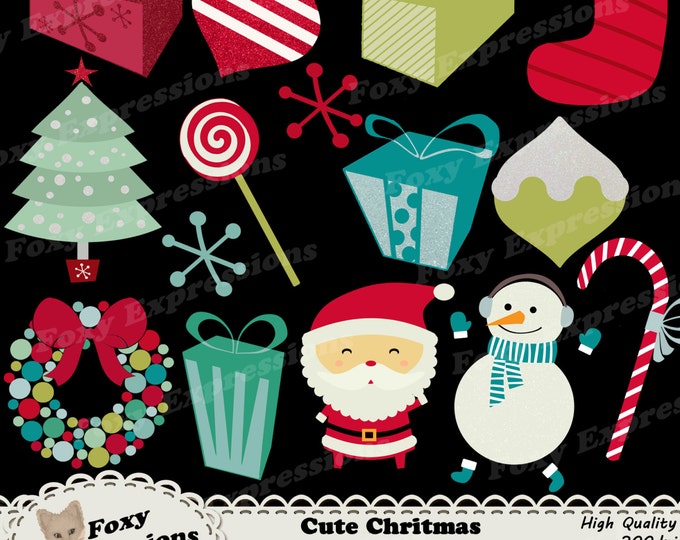 Cute Christmas Clipart digital pack comes with 15 designs. Santa, Snowman, Tree, Stocking, Gifts, Ornaments, Snowflakes, Wreath, & Candies