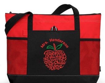 Personalized Teacher Tote Zippered Embroideredtote Bag With Mesh Pockets, Beach Bag
