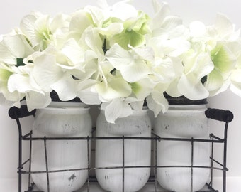 White Farmhouse Wire Basket with Set of 3 Jars - Painted Distressed Mason Jars - Table Centerpiece - Rustic Home Decor - Farmhouse - Country