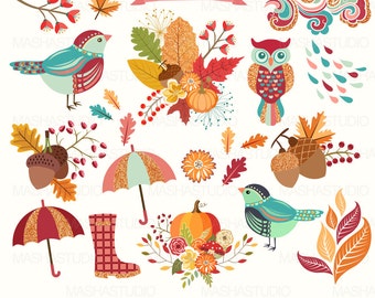 Fall clipart: "AUTUMN CLIPART" with autumn clip art, autumn leaves, leaf clipart, acorn clipart, owl clipart, 19 images, 300 dpi. PNG files