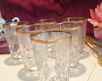 Set of 6 gold and etched French juice glasses