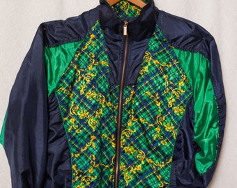 80s Windbreaker, 80s Green Checkaged Silk Windbreaker, Silk Snob Windbreaker, Snob Tennis Windbreaker, 80s Tennis Jacket, Posh Windbreaker