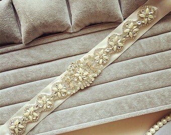 Thin Wedding Crystal Belt, Rhinestone Beaded Sash, Handmade Belts for Wedding, CB001