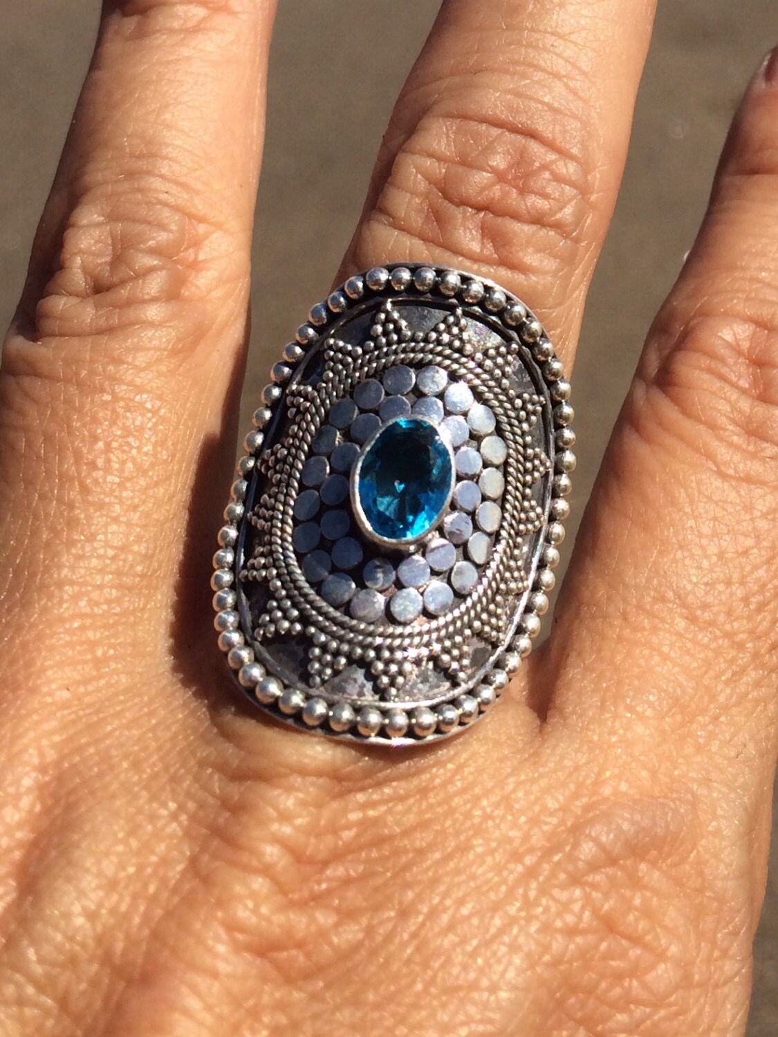 Mandala Ring Sterling Silver with Blue by LizzyDarlingDesigns