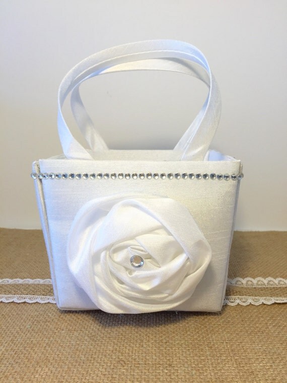 Flower Girl Basket Purse White Large Flower with Rhinestones