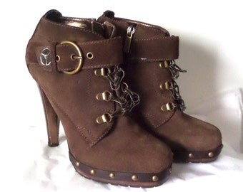 Steampunk Leather High Heel Booties Ankle Boots Brown Upcycled Colin Stuart Size 7.5