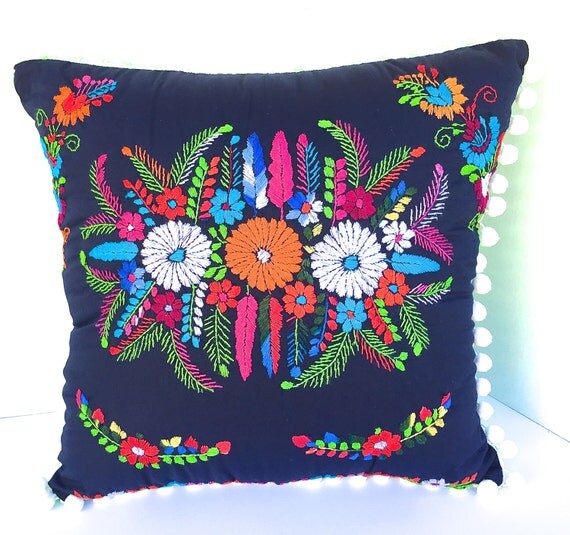 Embroidered Mexican Dress Pillow 18 Square Mexican