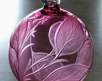 Teardrop Ornament, Hand Blown Ornament, Engraved Ornament, Cranberry Ornament, Glass Ornament Christmas Ornament, Art Glass Ornament
