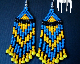Fringe Earrings, Seed Bead Earrings, Beaded Earrings, Native American Beaded Earrings, Seed Bead Jewelry, Beaded Jewelry blue and yellow