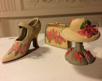 Miniature Shoe, Clutch, and Hat on Stand.