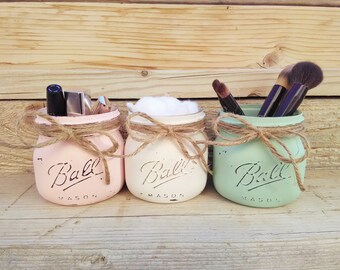 Bathroom Counter Storage, Mason Jar Makeup Brush Holders, Cosmetics Organizer, Makeup Brush Organizer, Bathroom Storage, Set of 3-4 Jars