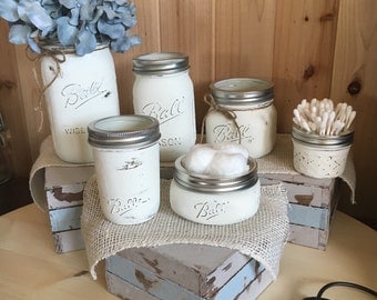 6 Piece Distressed Mason Jar Bathroom Set Unique and Rustic Bright White Color Cottage Shabby Chic Farmhouse Wedding House warming gift